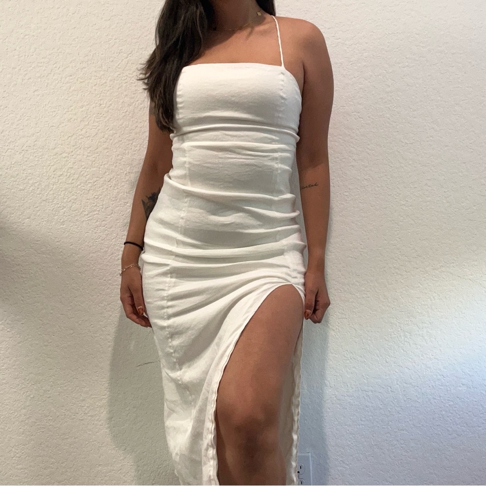Zara White Ruched Spaghetti Strap Bodycon Dress